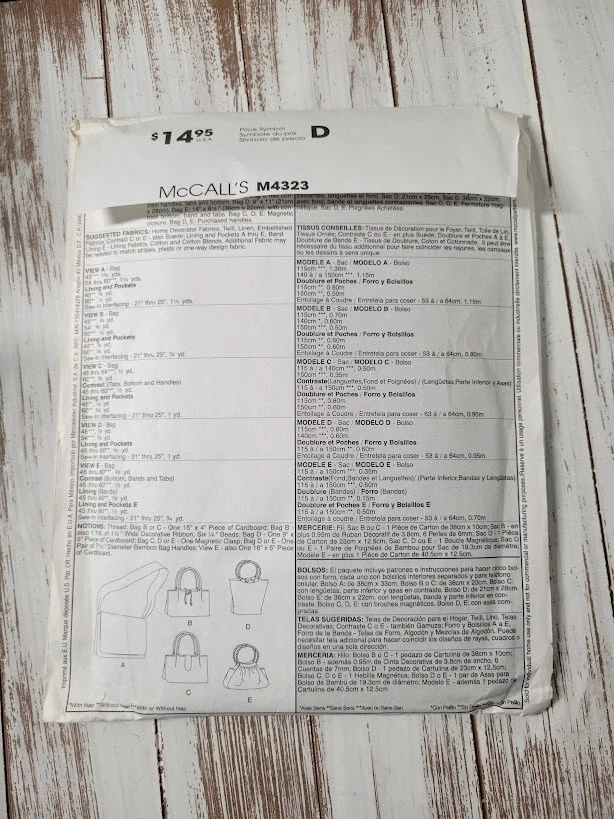 Bolsa tote McCall’s M4323 P209 sem cortes alça de bambu padrão de costura - Imagem 2 de 3