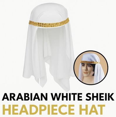 ARABIAN WHITE SHEIK HEADPIECE HAT Egyptian Arab Adult Gold King Prince Sultan