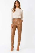 Women s Camel Faux Leather High Waist Slim Tapered Pants Trousers Size M