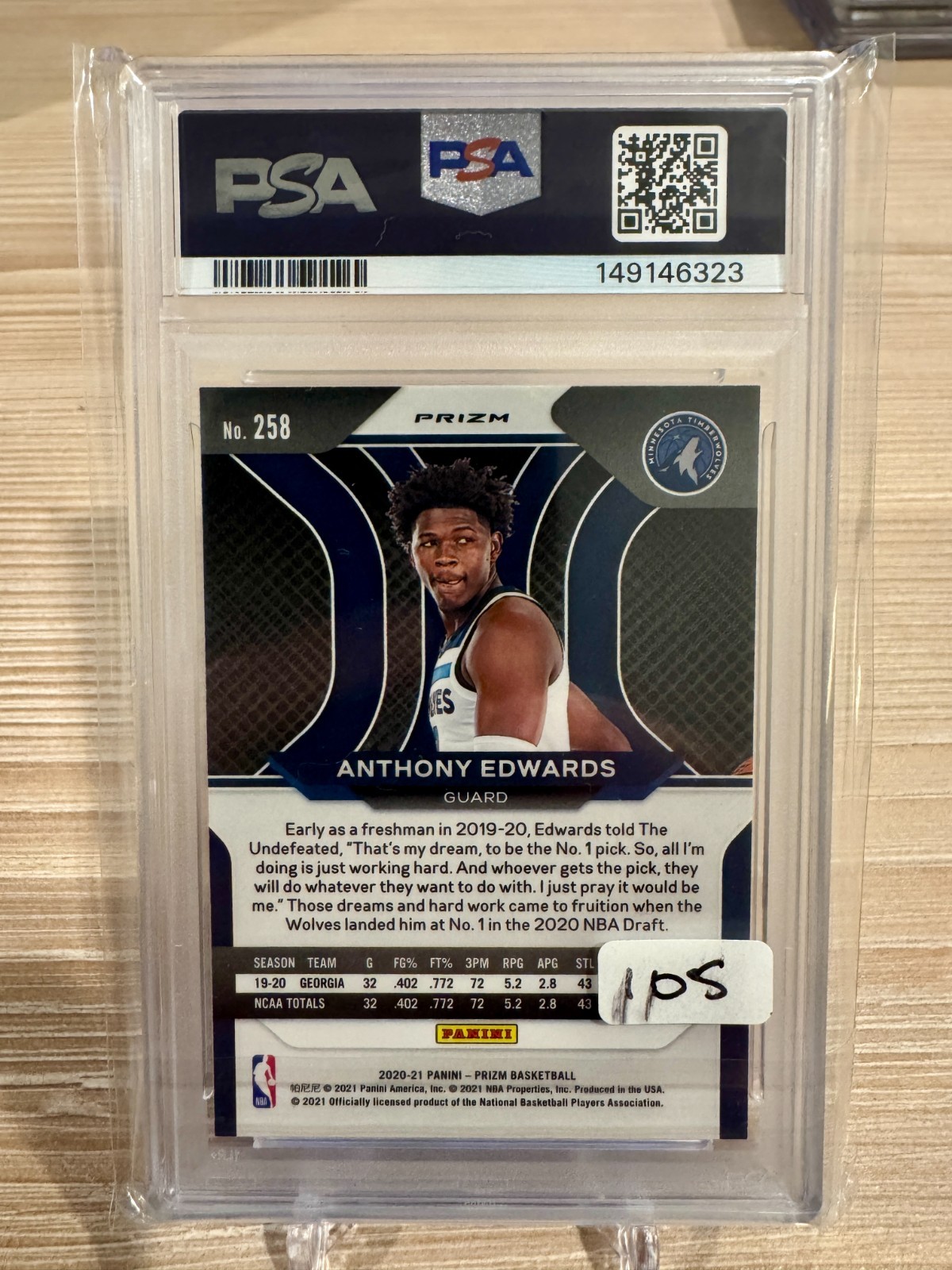2020-21 Prizm Anthony Edwards RC Green Prizm #258 Timberwolves PSA 9 view 2