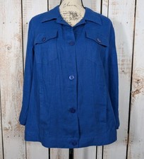 Chico's Summer Linen Blazer Jacket Sz Large Blue 3/4 Sleeve Button Pockets