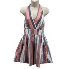 American Eagle Halter Sundress Small Stripe Cotton Linen Blend Lined Pockets NEW