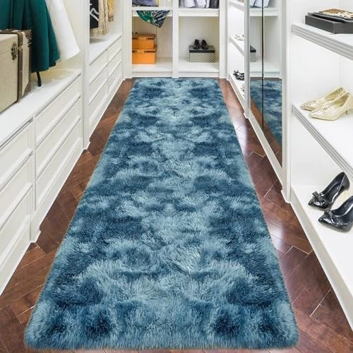 3x10ft Plush High Pile Blue Tie-Dyed Rug,Fluffy Soft Runner Bedside Rug,for  - Image 2 of 4