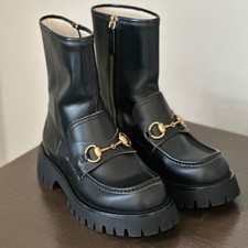 NIB Gucci Cordovan Lux Black Leather Horsebit Bee Embroidered Combat Boots 37.5