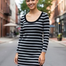 Express Women's Striped Long-Sleeve Sweater Dress Gray Size S