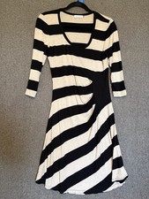 Calvin Klein Black Beige Striped Fit & Flare Dress Ruched 3/4 Sleeve Knee Length