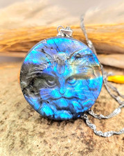 Nature Labradorite Flashy Cat  Face Pendant Necklace
