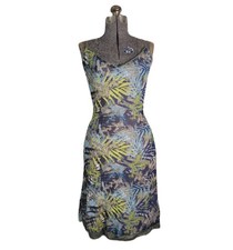 Y2K Mexx Dress Midi Bodycon Blue Green Palm Pattern Lace Back Tropical S
