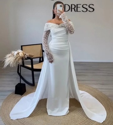 chinese dress ladies Off-Shoulder Long Sleeves Pearl Pleated Sheath Wedding Dress – Liymc main image 0