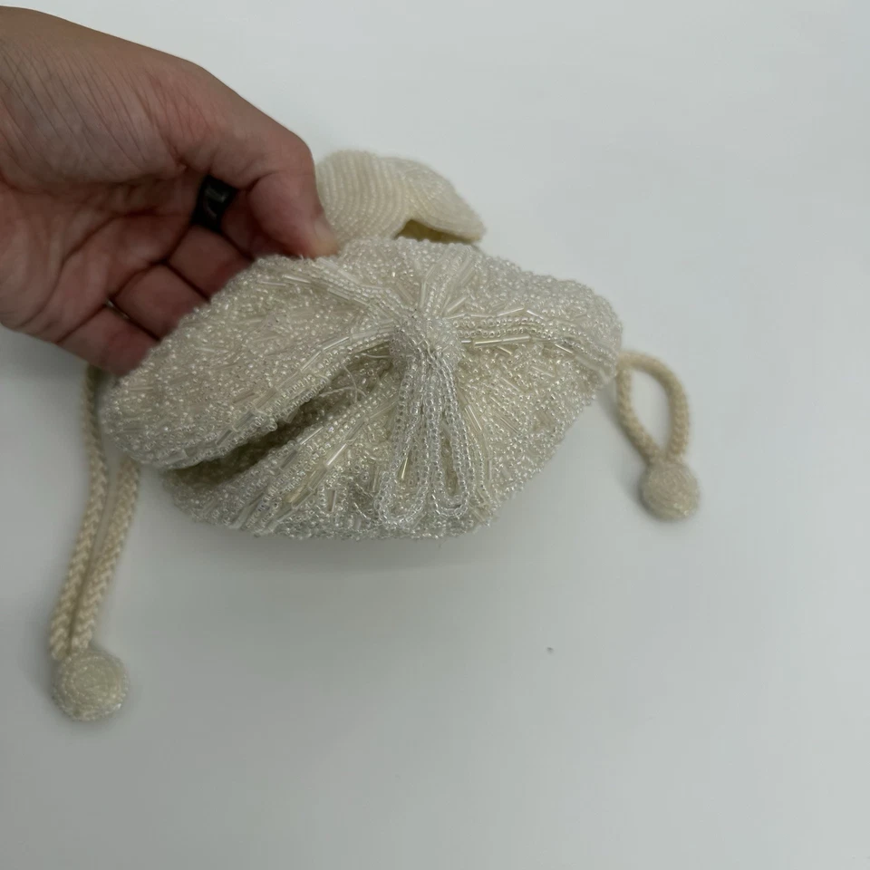 Fellini Carlo Fellini Vintage Beaded Flapper Pouch Bag Formal Ivory Drawstring - Image 4 of 4