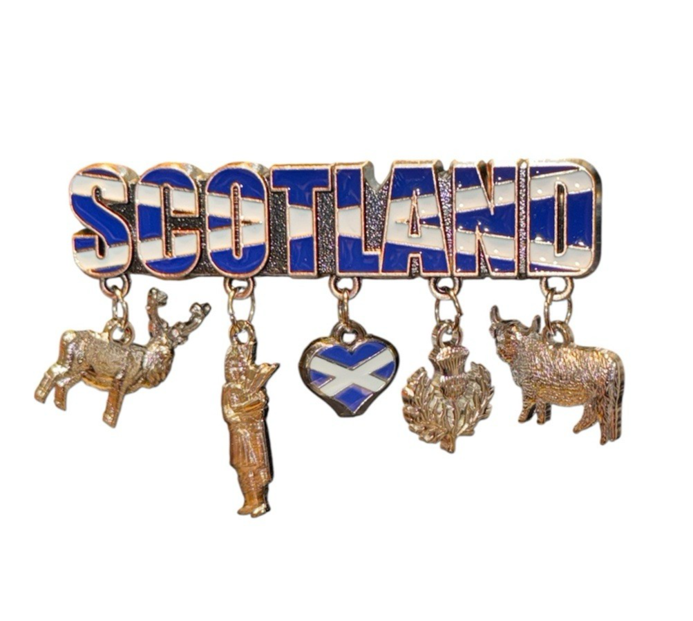 Scotland Magnet Souvenir - Metal Highland Cow Piper Thistle etc Dangly NEW Gift