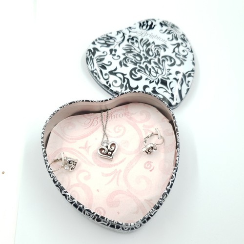 Brighton Alcazar Heart Necklace & Earrings Set In Tin Lever Back, Pendant 20in