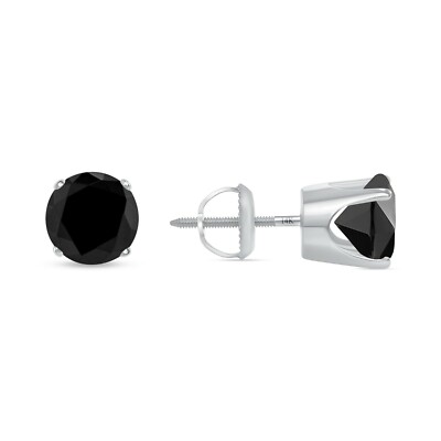 2.75 Ct Round Cut Black Earrings Crown Set Studs Solid 14K White Gold Screw Back