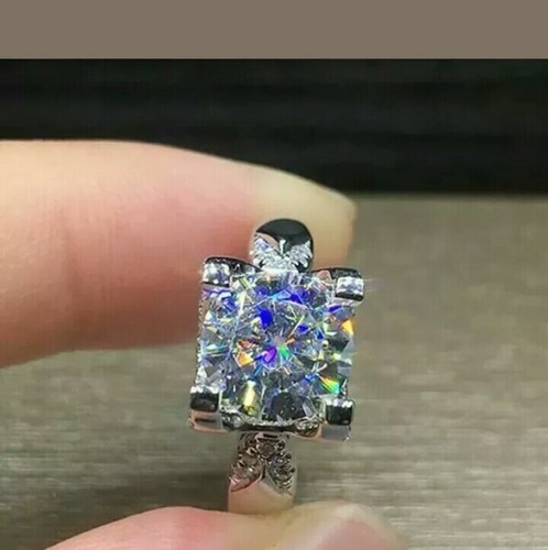 2Ct Round Sparkle Moissanite Solitaire Engagement Ring 14K White Gold Plated - Picture 3 of 3