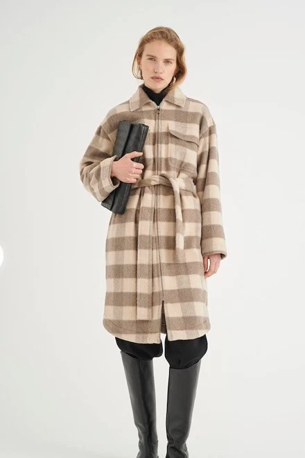 INWEAR FLUFFY CHECKED COAT BEIGE SIZE 10 BNwt