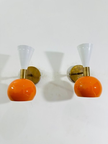 White & Orange Wall Sconce Pair, Mid Century Italian Wall Sconce Diabolo Modern - Picture 4 of 8