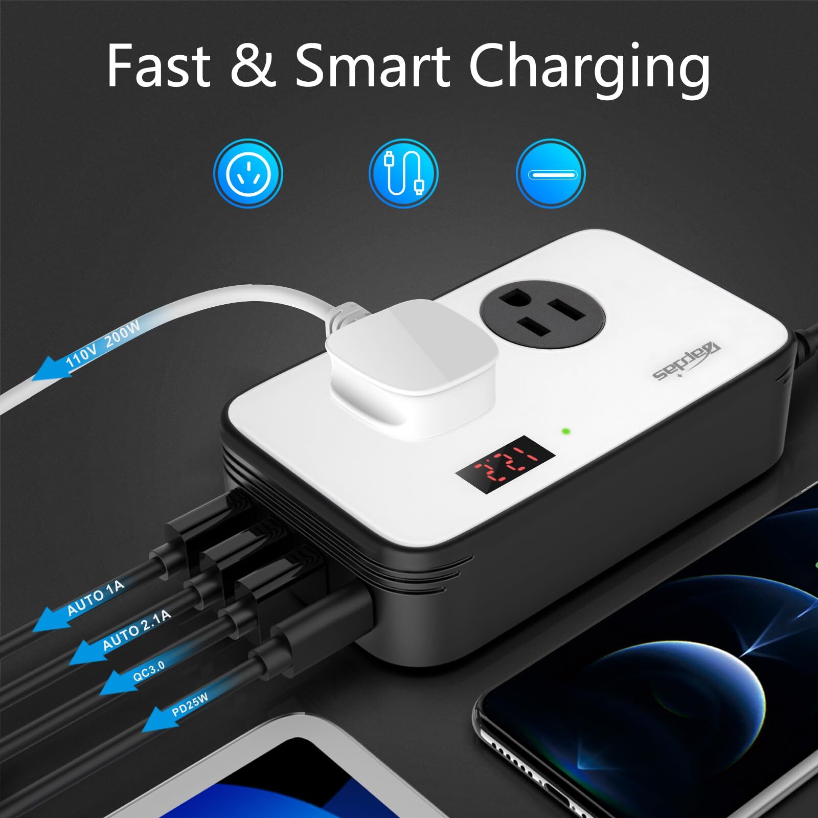 200W Power Inverter for Car DC 12V to AC 110V Car Outlet Adapter with PD 25W ...