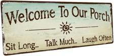 HBA Welcome to Our Porch Metal Sign, Outdoor Living, Rustic 6" x 16", Green