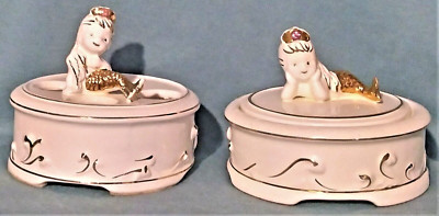 VINTAGE NAPCOWARE PRINCESS MERMAID LIPSTICK HOLDER & POWDER BOX NEAR MINT MARKS