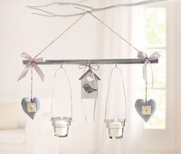 Deko HäNger Grau Aus Holz, 2 Glas Windlichter & 2 Herzen, Teelicht Kerzen Halter