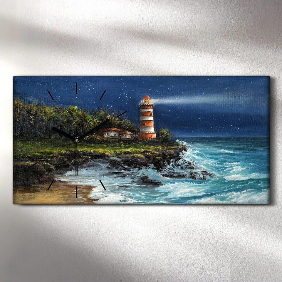 Dekor Leinwand Uhr Wandbilder 60x30 Gemälde Küste Ozean Wellen Leuchtturm - Bild 3 von 4
