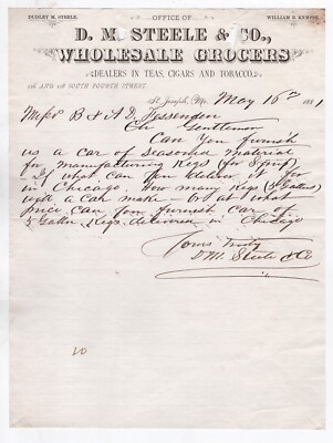 st joseph tobacco company 1881 DM STEELE CO LETTERHEAD GROCERS TEA CIGARS TOBACCO ST JOSEPH MO  FESSENDEN