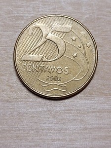 Brazil 25 centavos coin, 2002. KM# 650, bronze-plated steel. Manuel Deodoro.