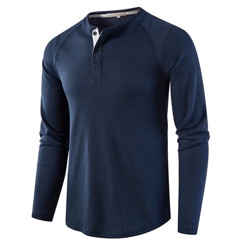 Mens Waffle Knit Thermal Long Sleeve T-shirt Button Crew Neck Undershirt Tee T о - Picture 18 of 31
