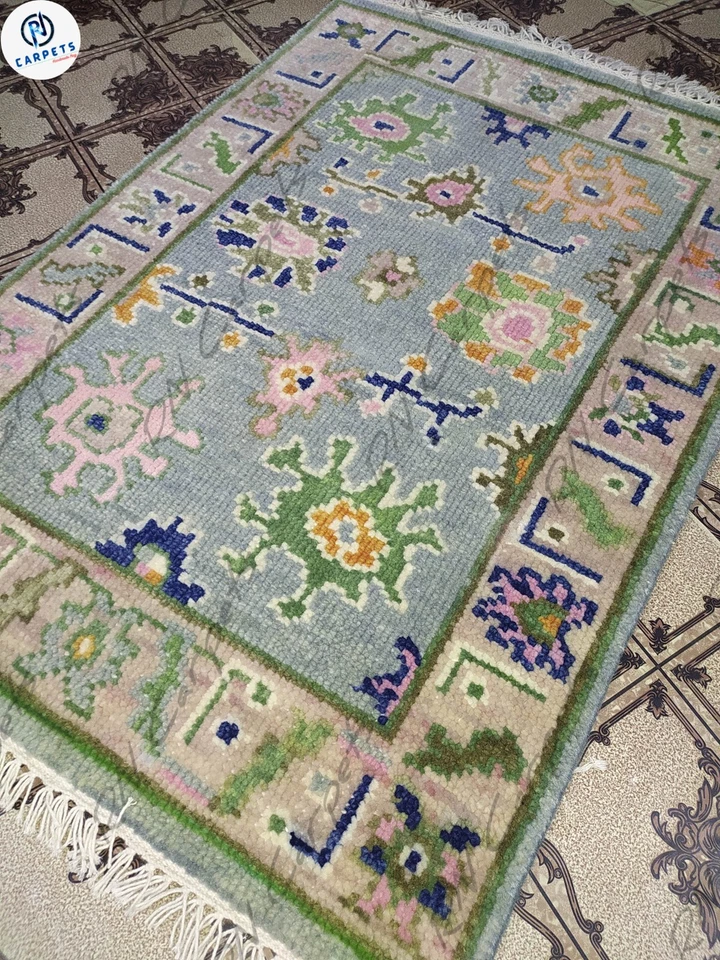 Tapetes Oushak cinza celeste tapetes de sala quarto cozinha 2x3, 3x5 tapete atado à mão - Imagem 4 de 4