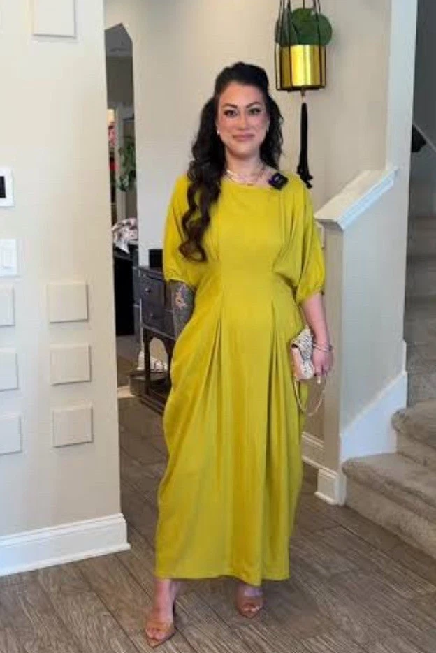 Vestido Uoozee Mezcla de Lino Rojo Midi Manga Reglan Plisada Cintura Costera Modesto M Foto 3 de 4