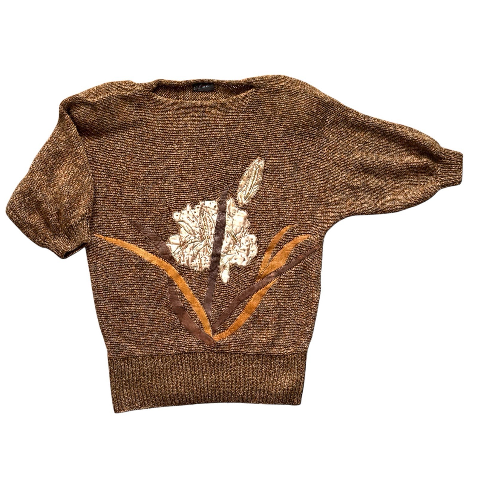 Womens Vintage 80s Jumper Brown Leather Fabric Applique Retro Indie Boho 18 - 20 image 2