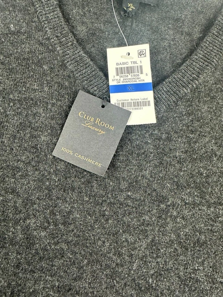 NWT Club Room Luxury 100% Cashmere Men's V Neck Sweater Gray Size XL - Image 4 of 4