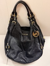 MICHAEL KORS Black Python Snake Embossed Leather Hobo Shoulder Bag MK Charm