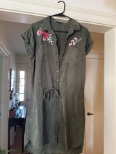Green Floral Embroidered Shirt Dress Belted Collared Knee Length Women