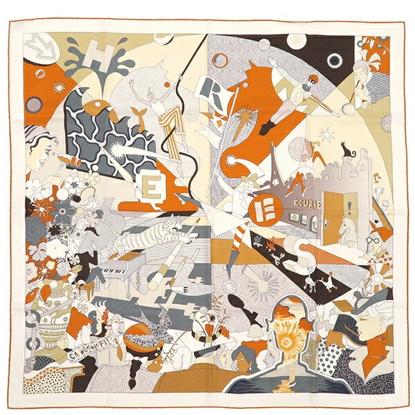 HERMES scarf Carre 90 CARRE Silk White Gri Orange Cuy CA DECOIFFE  DDU