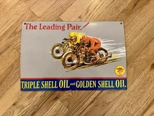 Vintage Shell Oil Gas Motorcycle Racing Porcelain Sign