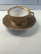 Antique Meissen Gold Gilt Clam Shell With Pink Color Demitasse Tea Cup & Saucer