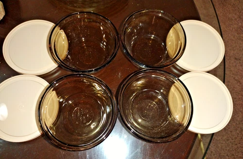 4 Anchor Hocking Custard Cups Amber Glass 6 Oz Lids Made in USA Vintage Dessert