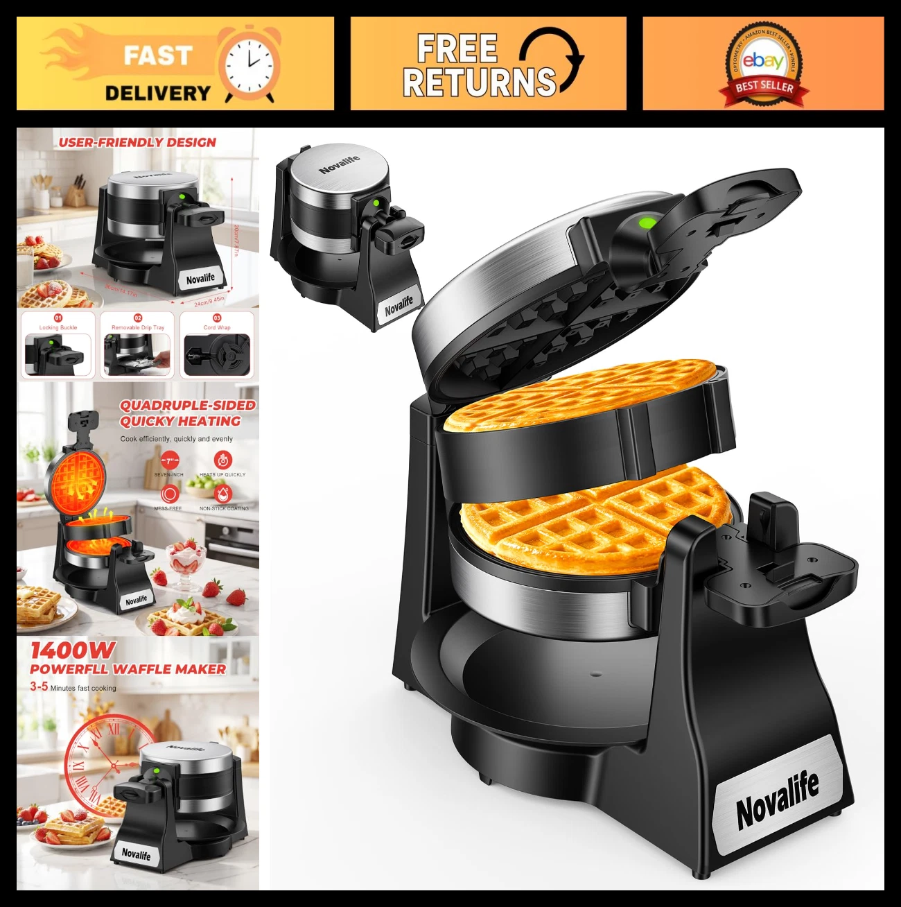 Double Belgian Waffle Maker 1400W, Rotating Nonstick Plates, Easy Clean, 8 Slice