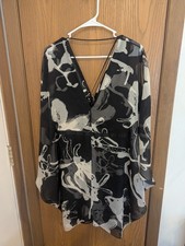 Halston Heritage Kimono Sheer Dress Black Gray Vneck Stunning Feminine-M