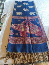 Traditional Thia Elephant Pashmina Scarf Royal Blue White Elephants Shawl Wrap