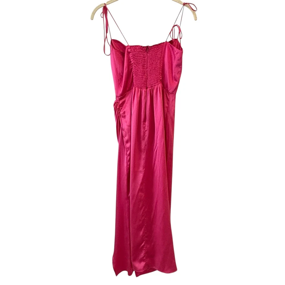 Reformation Womens Pink Silk Slip Dress Size 4 Ruched Midi Spaghetti Tie Straps - Image 3 of 4