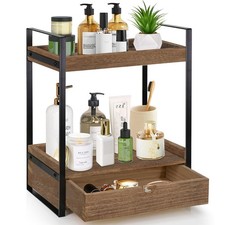 2-Tier Bathroom Organizer Countertop with Drawer, Wood Counter Shelf for Stor...