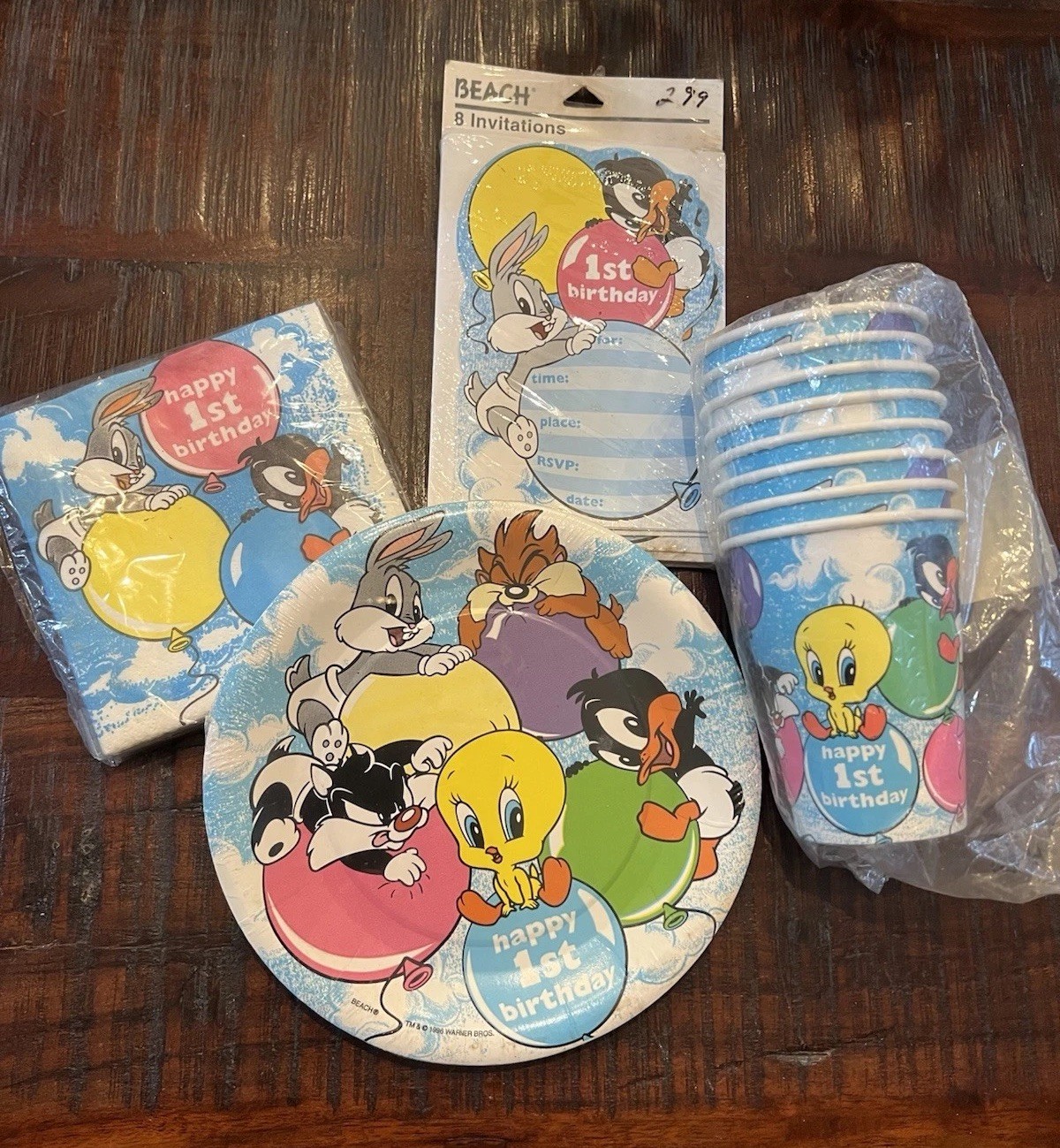 Vintage NOS Baby Looney Tunes 1st Birthday Party Plates cups Napkins Invitations