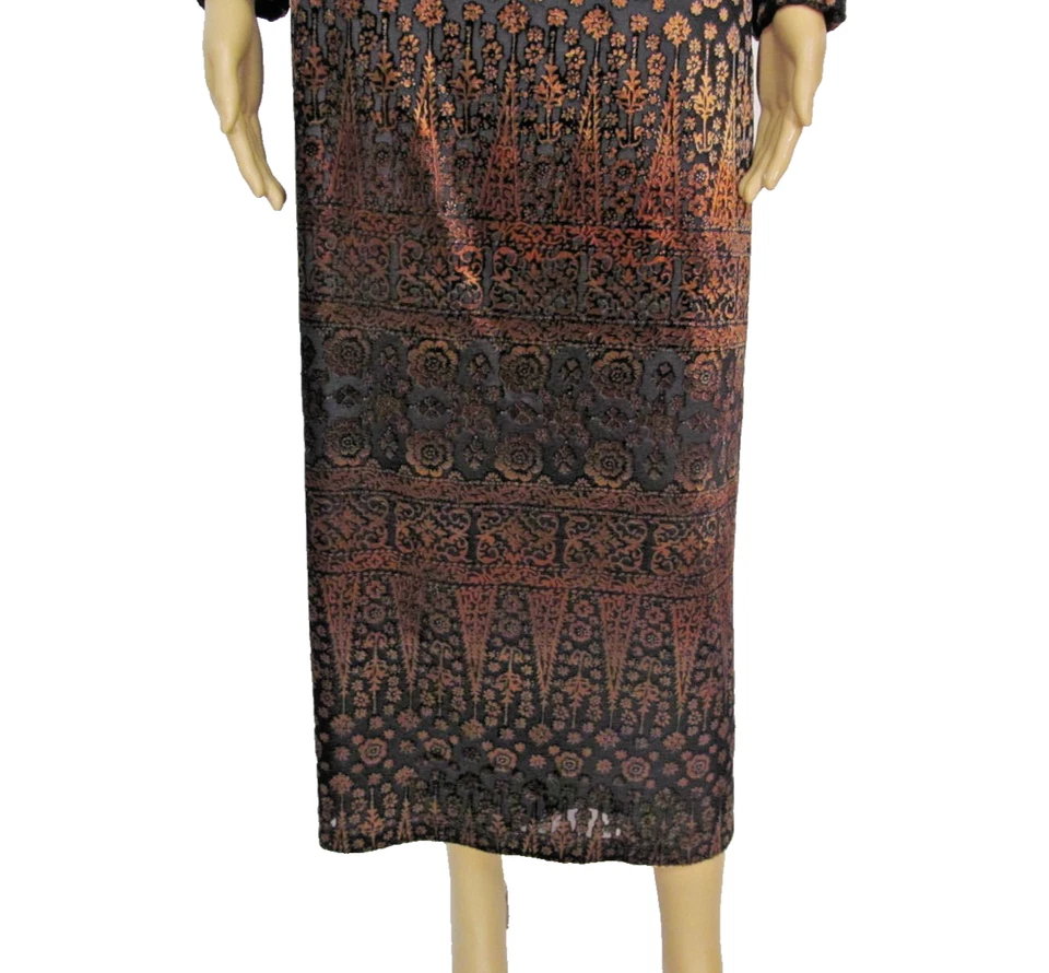 Vestido midi MAGGIE LONDON talla 6 Burnout negro/naranja forrado de terciopelo mangas largas Foto 3 de 4