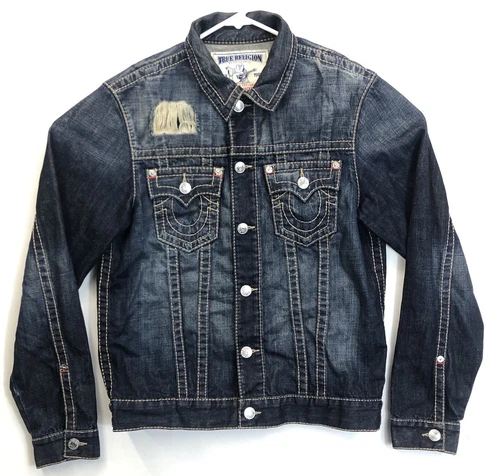 True Religion Denim Trucker Jacket Big T Earthworm Men’s Large BZDG Snaps