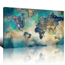 Large World Map Canvas Prints Wall Art for Living Room Office "24x48" Green W...