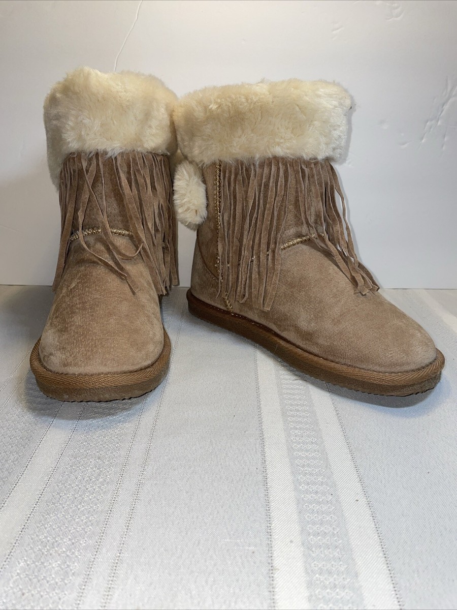 LAMO FOOTWEAR Girls Brown Boots Fringe Faux Fur Sz 5Y/ W5 Suede Leather  Booties
