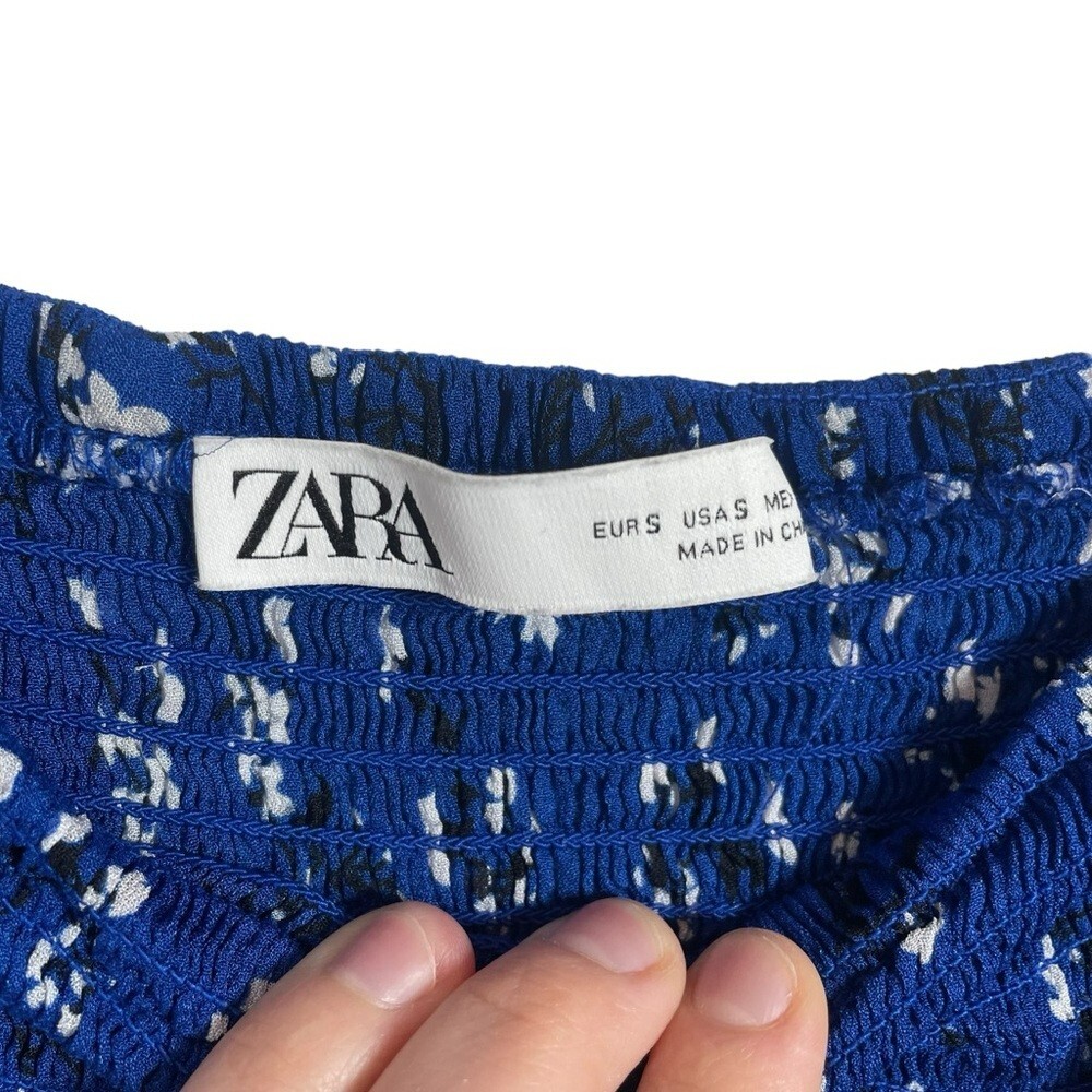 Zara Smocked Floral Bodycon Off the Shoulder Mini Dress in Blue/White Size S thumbnail 10