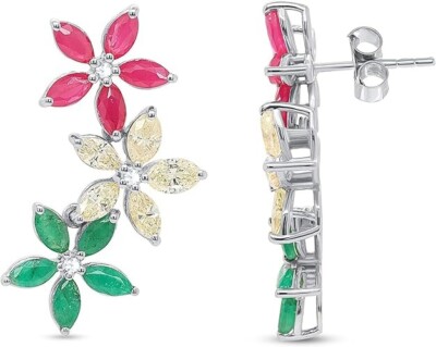 10K White Gold Natural Diamond & Gemstone Multi-Color Flower Earring for women's